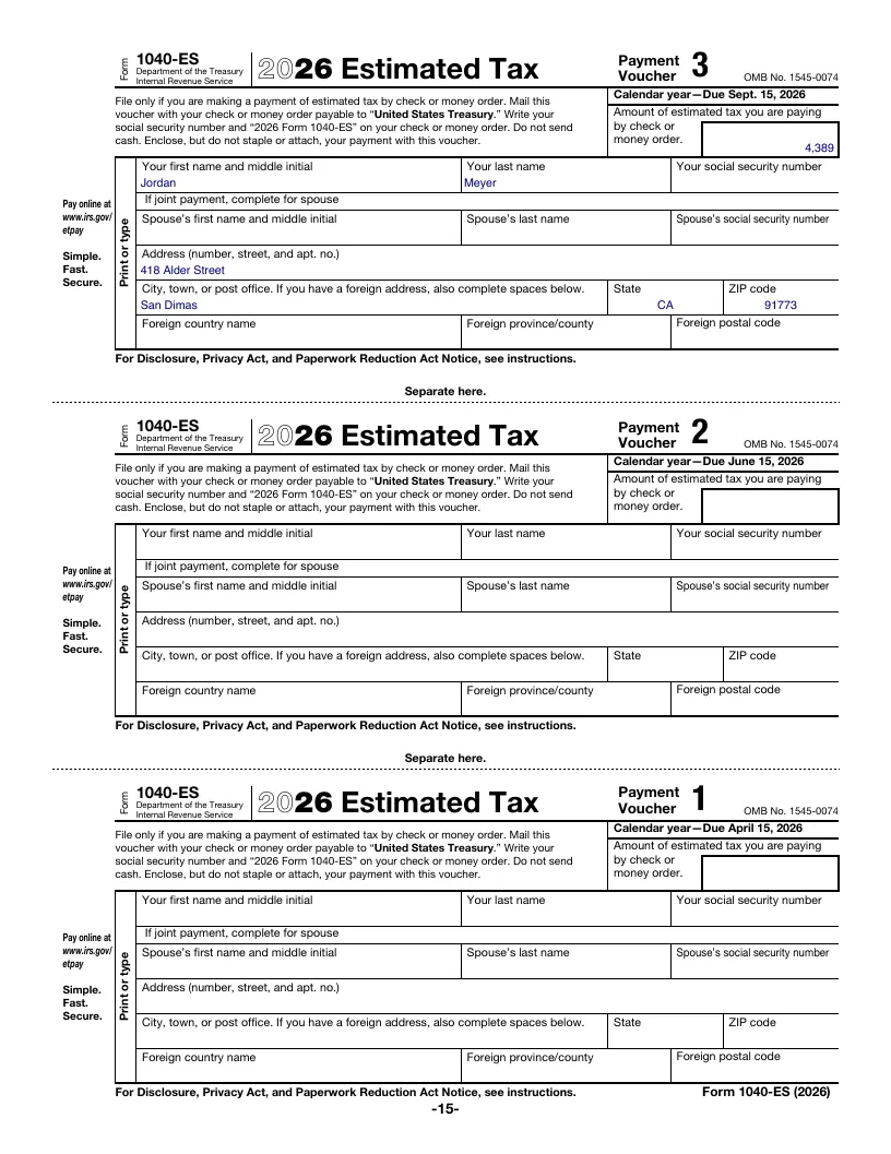 Form 1040-ES voucher, sample