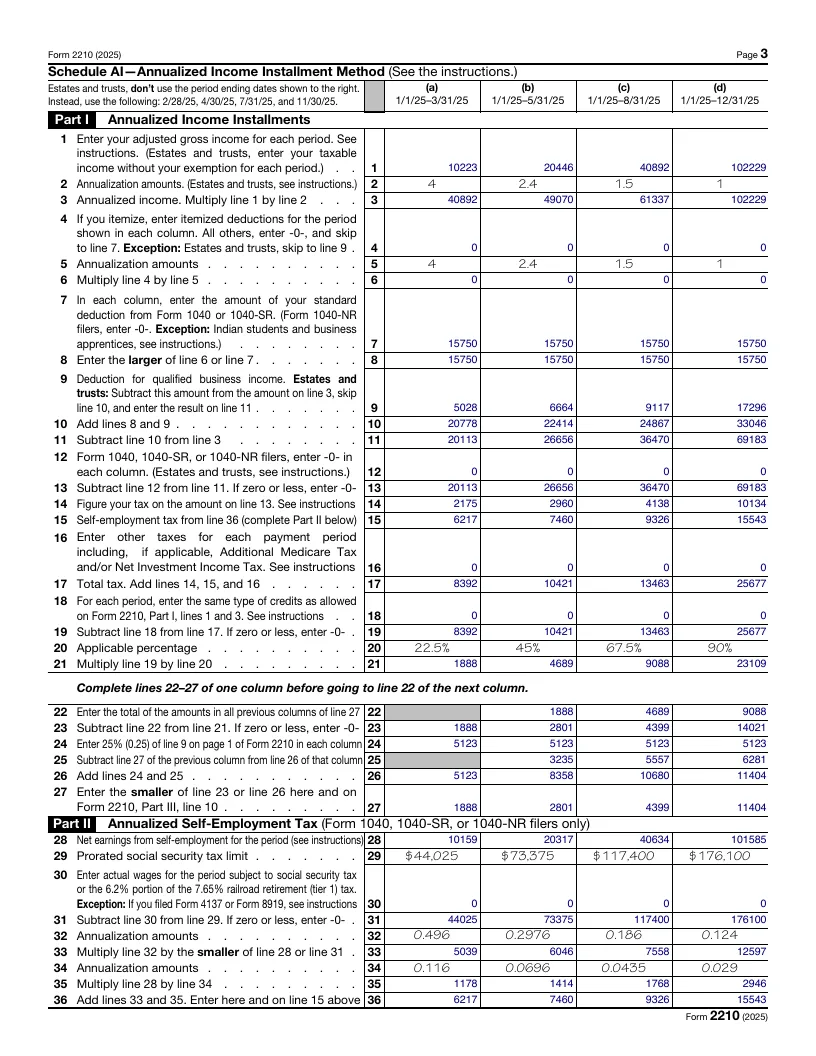 Form 2210 Schedule AI, sample page